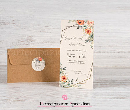 Partecipazioni country con rose e zinnie corallo