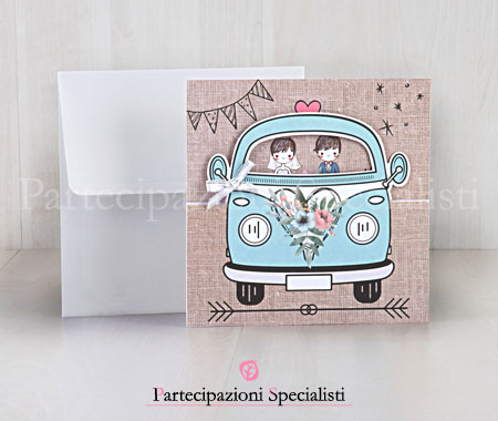 Partecipazione Personalizzabile Tema Viaggio con Furgoncino Vintage Volkswagen